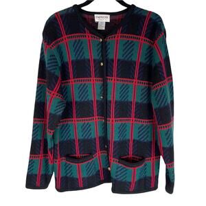 Vintage tartan plaid button front cardigan sweater gold buttons